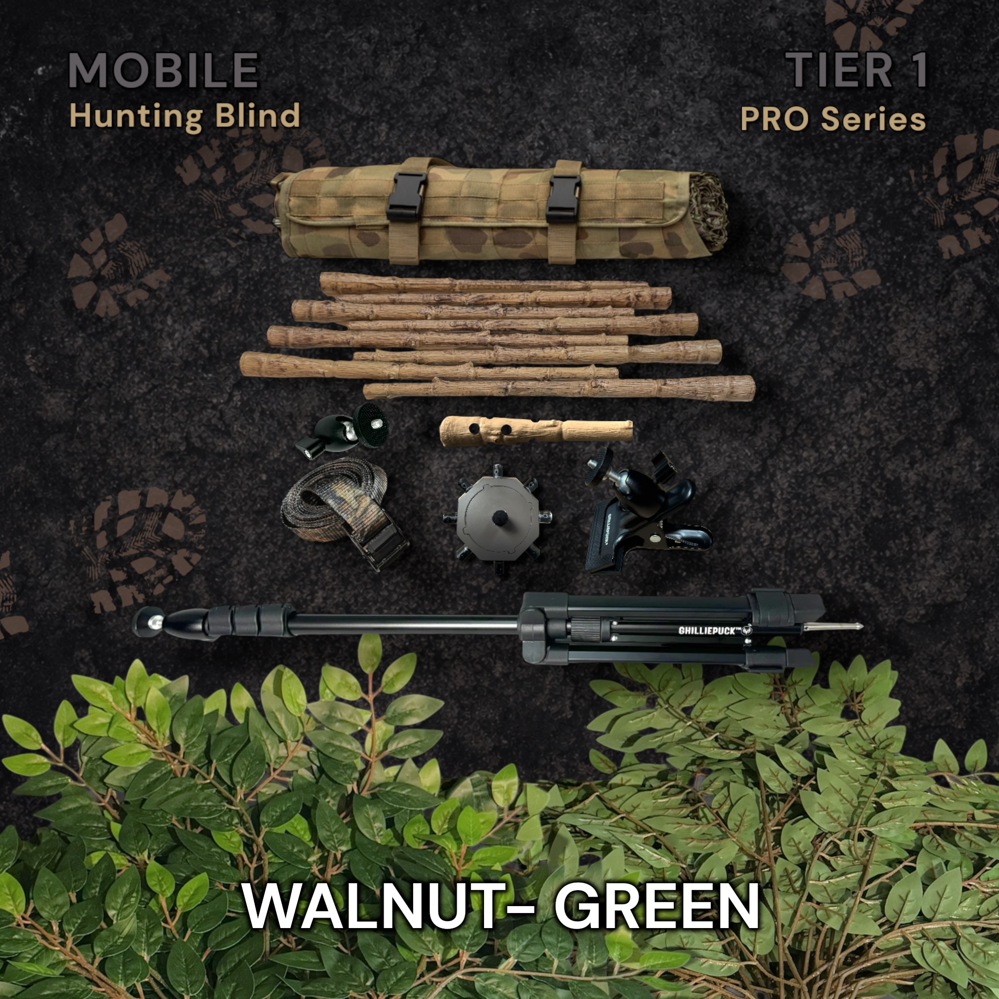 Ghilliepuck Mobile Hunting Concealment Kit – Tier 1 Aluminum – Walnut Green