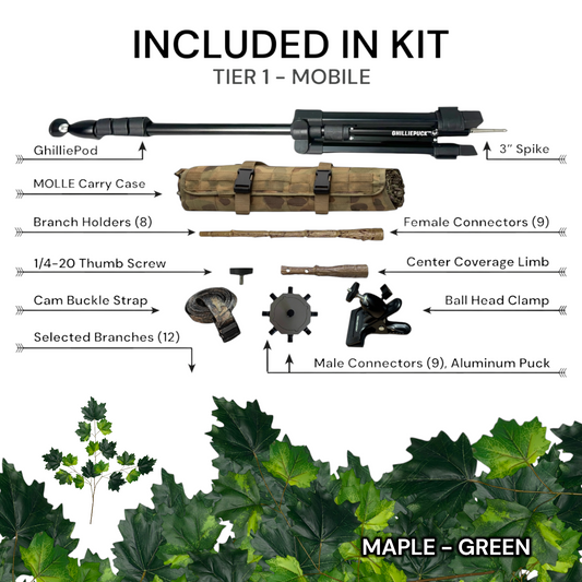 GHILLIEPUCK Tier 1 Aluminum Mobile kit in Maple Green — kit components laid out