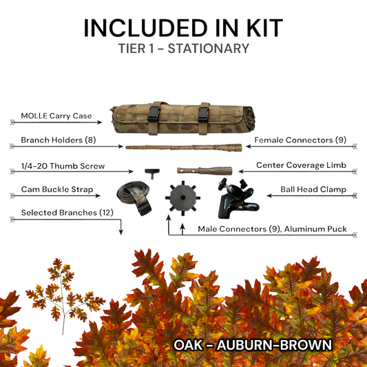 GHILLIEPUCK Tier 1 Aluminum Tree Stand kit in Oak Auburn Brown — kit components laid out